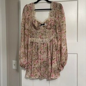 NWOT For Love and Lemons The Emmaline Mini Dress Pink floral lace bow mini dress